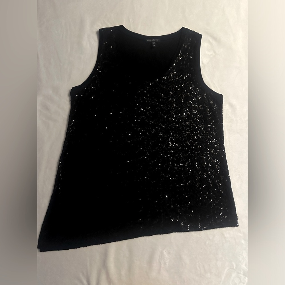 Eileen Fisher Black Scoop Neck Top Silk Sequin Stretch Black Petite PM